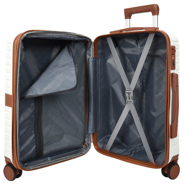 Hard Shell Suitcase with 4 Wheels Expandable Lightweight Travel Luggage with Brown Trim Digit Lock Jetpack White