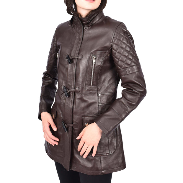 Women's Leather Duffle Coat Mid-Length with Removable Hood Quilted Details Helena Brown
