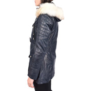 Women's Leather Duffle Coat Mid-Length with Removable Hood Quilted Details Helena Navy