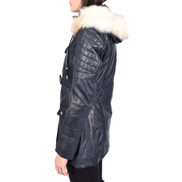 Women's Leather Duffle Coat Mid-Length with Removable Hood Quilted Details Helena Navy