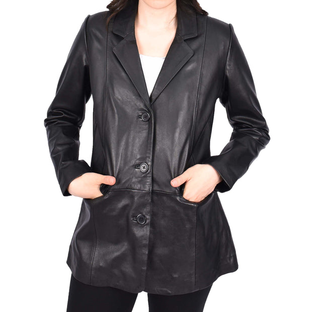 Womens Soft Black Leather Blazer Jacket Semi Fit Coat Leila