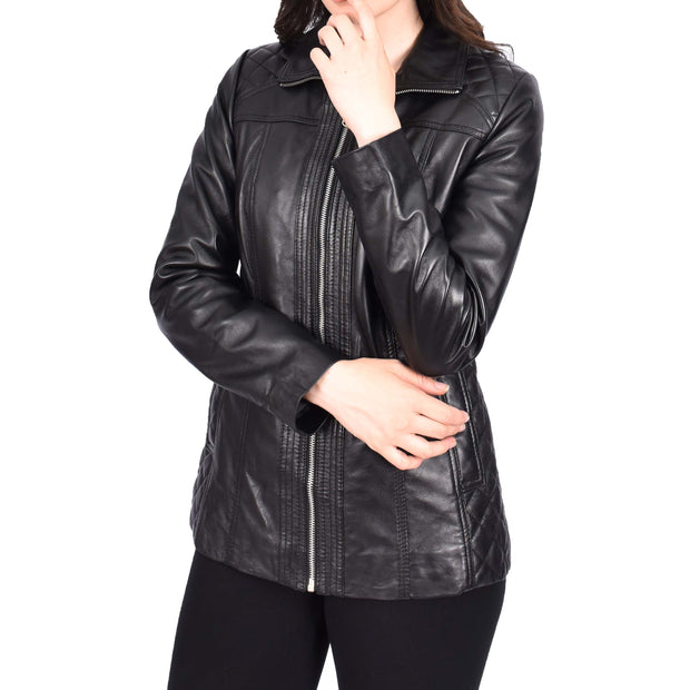 Womens Soft Black Leather Jacket Classic Fitted Quilted Hip Length Zip Fasten Paula