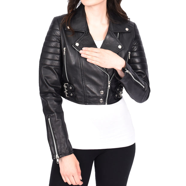 Womens Fitted Cropped Bustier Style Leather Jacket Amanda Black