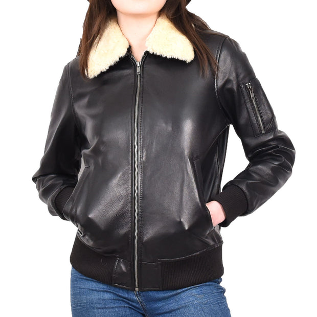 Womens Leather Bomber Jacket Black Removable Sheepskin Collar G-2 Style Dolly
