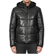 Men's Black Quilted Leather Puffer Jacket With Removable Hood, Fully Padded Winter Coat Archie