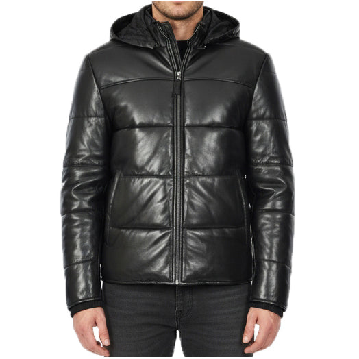 Men's Black Quilted Leather Puffer Jacket With Removable Hood, Fully Padded Winter Coat Archie