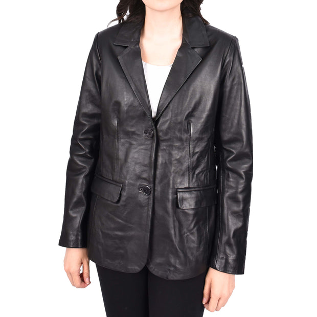 Womens Black Leather Blazer Classic Suit Dinner Jacket Style Coat Alana