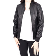Womens Leather Bomber Jacket Black Zip Fasten Fitted Varsity Joy