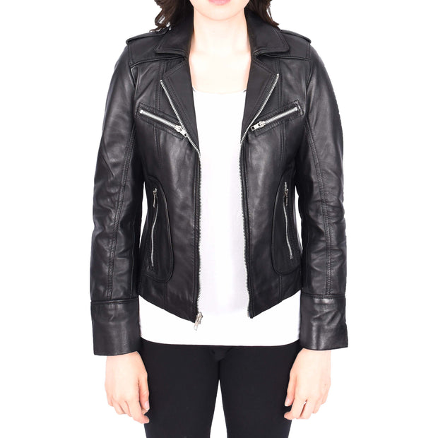 Womens Soft Black Leather Biker Jackets Tailored Fit Zip Fasten Briar