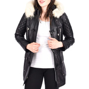 Women's Leather Duffle Coat Mid-Length with Removable Hood Quilted Details Helena Black