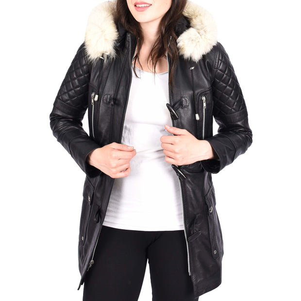 Women's Leather Duffle Coat Mid-Length with Removable Hood Quilted Details Helena Black