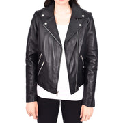 Women's Leather Biker Jacket Black Cross-Zip Fastening Casual Outerwear Delilah