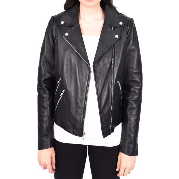 Women's Leather Biker Jacket Black Cross-Zip Fastening Casual Outerwear Delilah