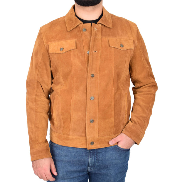 Mens Classic Tan Suede Trucker Jacket Fitted Leatherwear Casual Outerwear Finn