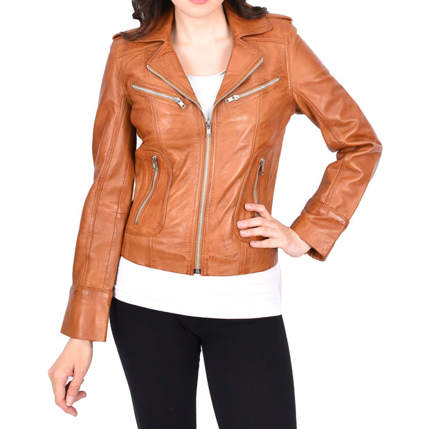 Womens Soft Tan Leather Biker Jackets Tailored Fit Zip Fasten Briar