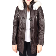 Women's Leather Duffle Coat Mid-Length with Removable Hood Quilted Details Helena Brown