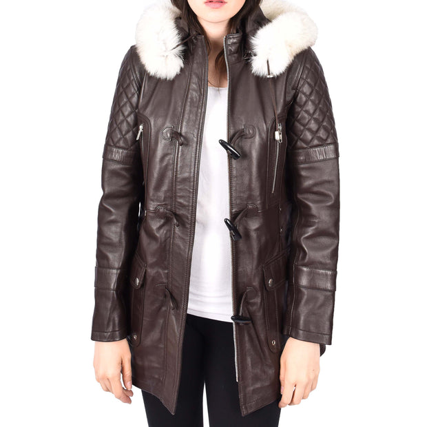 Women's Leather Duffle Coat Mid-Length with Removable Hood Quilted Details Helena Brown