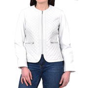 Womens Collarless White Leather Jacket Fitted Quilted Zip Up - Remi