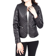 Womens Collarless Black Leather Jacket Fitted Quilted Zip Up - Remi