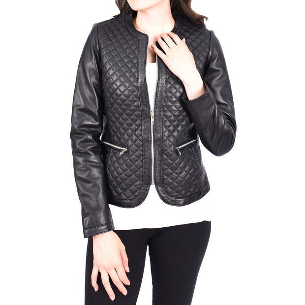 Womens Collarless Black Leather Jacket Fitted Quilted Zip Up - Remi