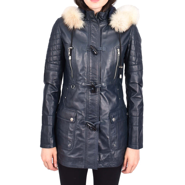 Women's Leather Duffle Coat Mid-Length with Removable Hood Quilted Details Helena Navy