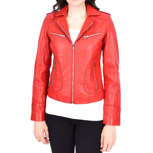 Womens Soft Red Leather Biker Jackets Tailored Fit Zip Fasten Briar