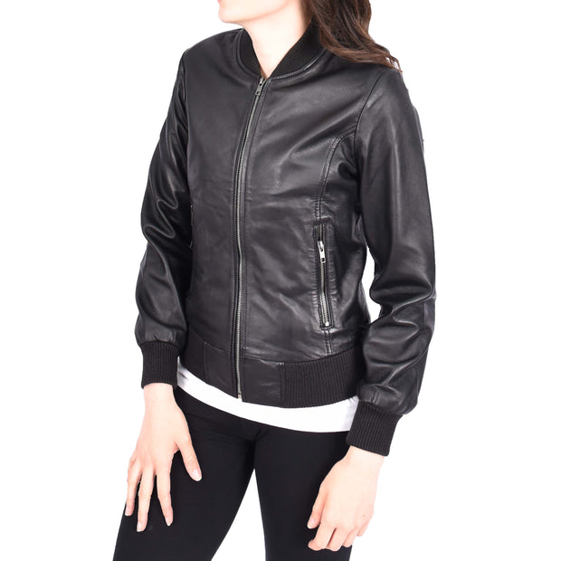 Womens Leather Bomber Jacket Black Zip Fasten Fitted Varsity Joy