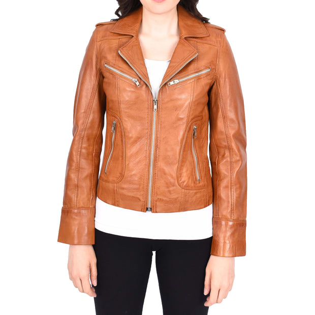 Womens Soft Tan Leather Biker Jackets Tailored Fit Zip Fasten Briar