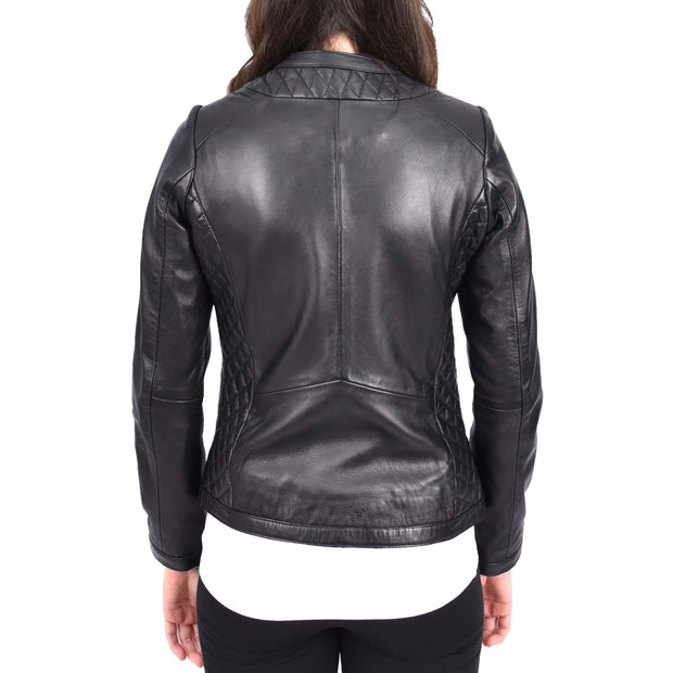 Womens Collarless Black Leather Jacket Fitted Quilted Zip Up - Remi