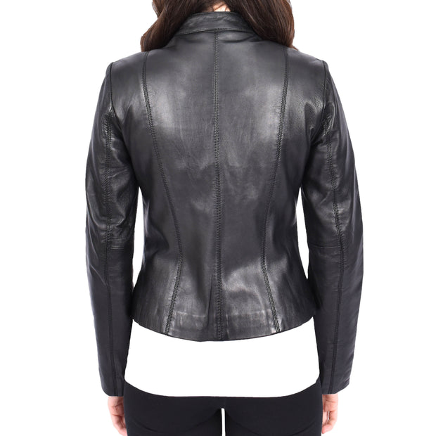 Womens Genuine Leather Jacket Soft Black, Casual Style with Front Zip Stand Collar JOJO