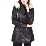 Women's Leather Duffle Coat Mid-Length with Removable Hood Quilted Details Helena Black