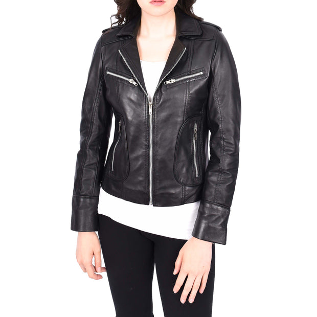Womens Soft Black Leather Biker Jackets Tailored Fit Zip Fasten Briar