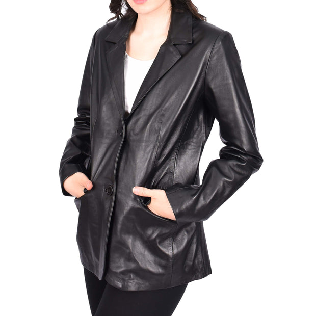 Womens Black Leather Blazer Classic Suit Dinner Jacket Style Coat Alana