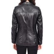 Womens Soft Black Leather Jacket Classic Fitted Quilted Hip Length Zip Fasten Paula