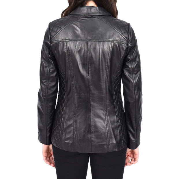 Womens Soft Black Leather Jacket Classic Fitted Quilted Hip Length Zip Fasten Paula