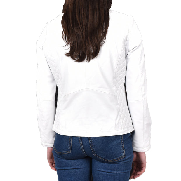 Womens Collarless White Leather Jacket Fitted Quilted Zip Up - Remi