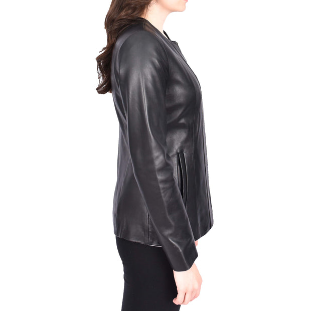 Womens Collarless Black Leather Jacket Hip Length Classic Style Zip Front Chelo