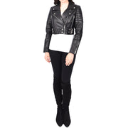 Womens Fitted Cropped Bustier Style Leather Jacket Amanda Black
