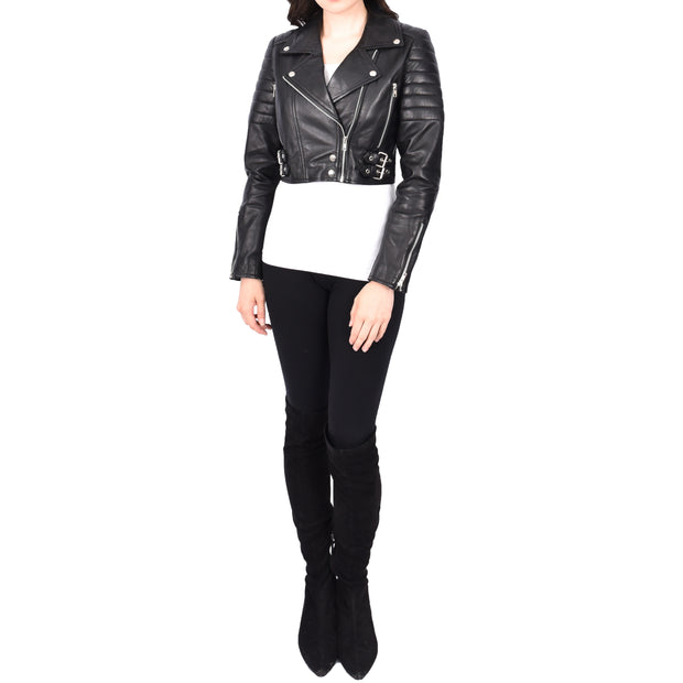 Womens Fitted Cropped Bustier Style Leather Jacket Amanda Black