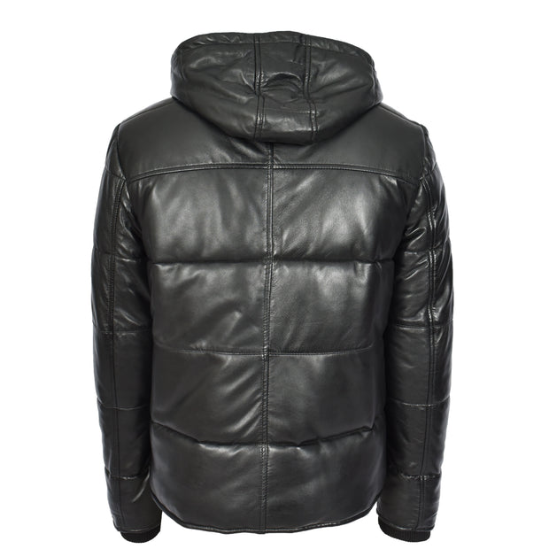 Men's Black Quilted Leather Puffer Jacket With Removable Hood, Fully Padded Winter Coat Archie