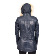 Women's Leather Duffle Coat Mid-Length with Removable Hood Quilted Details Helena Navy