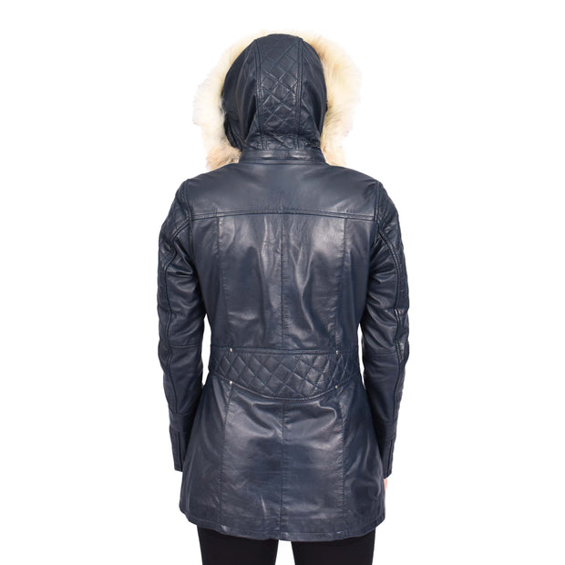 Women's Leather Duffle Coat Mid-Length with Removable Hood Quilted Details Helena Navy