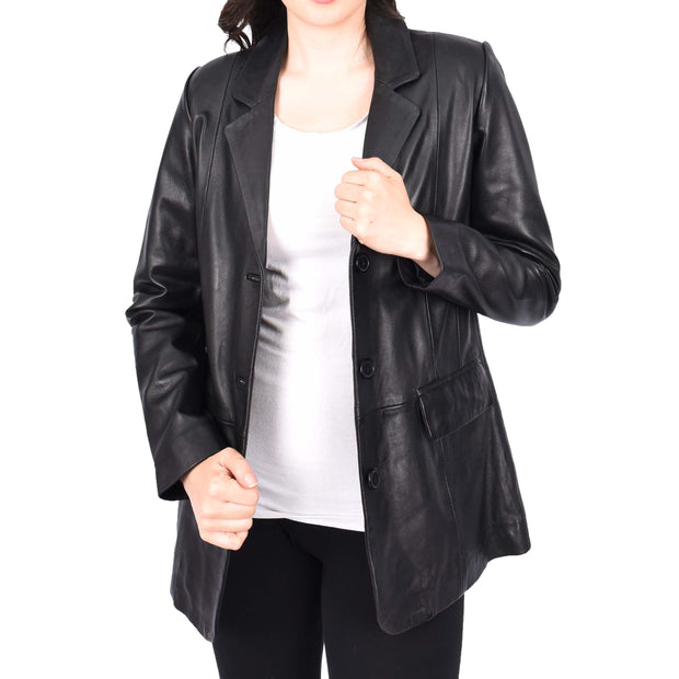 Womens Soft Black Leather Blazer Jacket Semi Fit Coat Leila