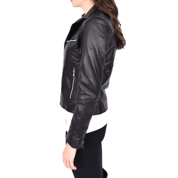 Womens Soft Black Leather Biker Jackets Tailored Fit Zip Fasten Briar