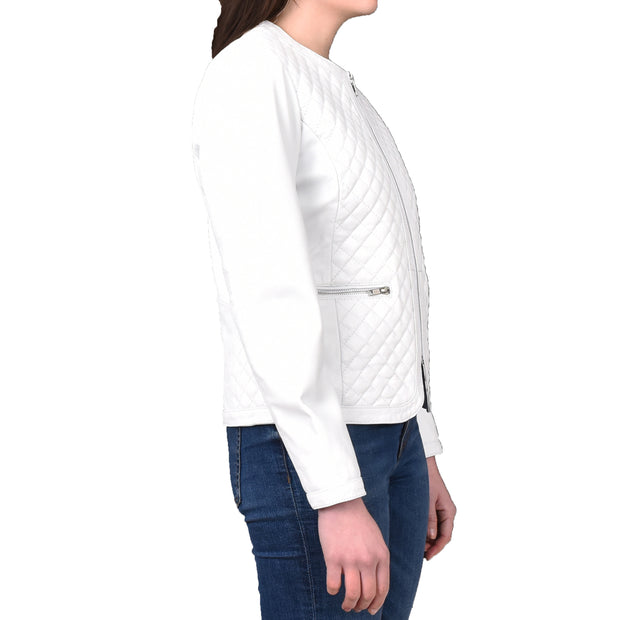 Womens Collarless White Leather Jacket Fitted Quilted Zip Up - Remi
