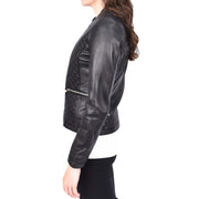 Womens Collarless Black Leather Jacket Fitted Quilted Zip Up - Remi