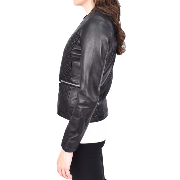 Womens Collarless Black Leather Jacket Fitted Quilted Zip Up - Remi