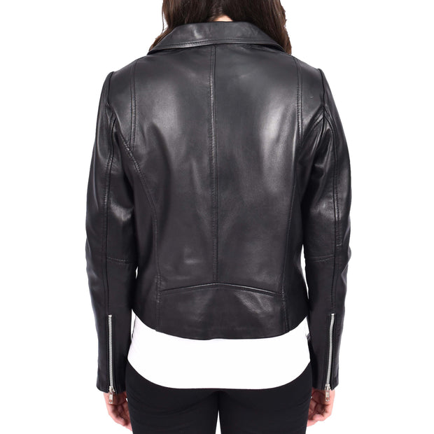 Women's Leather Biker Jacket Black Cross-Zip Fastening Casual Outerwear Delilah