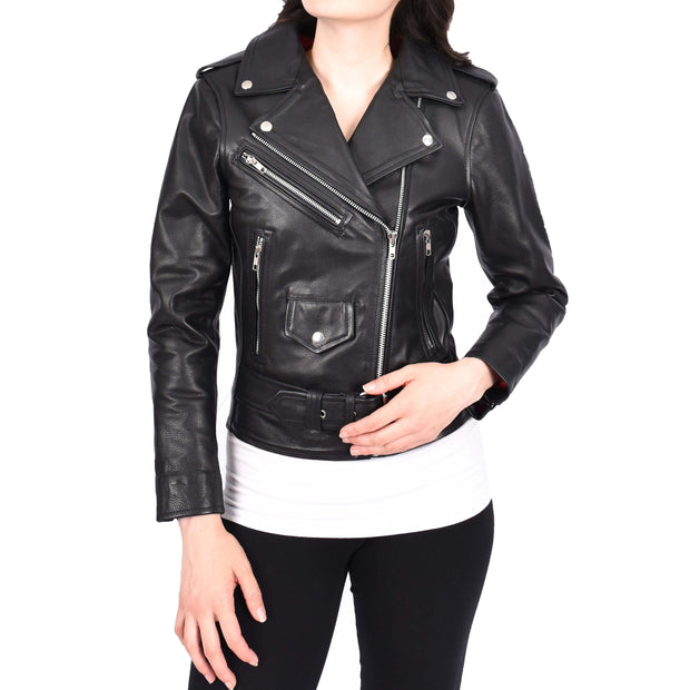 Womens Cowhide Black Biker Jacket Tough Heavy Duty Leather Brando Style Kira