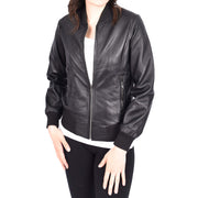 Womens Leather Bomber Jacket Black Zip Fasten Fitted Varsity Joy